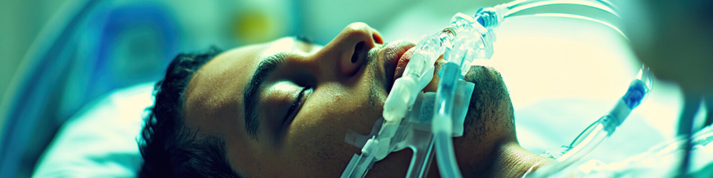 An intubated patient suspended between life and death in an ICU room.