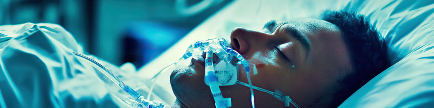An intubated patient suspended between life and death in an ICU room.