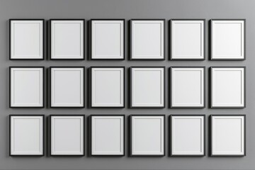Grid of sixteen small frames neatly arranged on a plain gray wall.