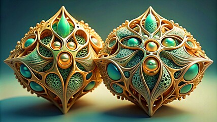 3D colorful Jewelry art forms with golden patterns background texture