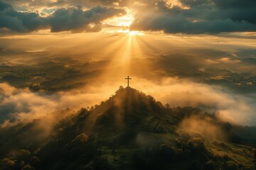 Fototapeta premium A soft ray of sunlight piercing through the clouds, illuminating a solitary wooden cross on a hilltop. The surrounding landscape is bathed in a warm golden glow, signifying faith and hope