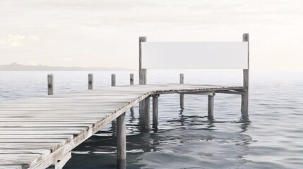 Wooden Pier with Blank Sign Over Calm Water