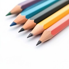 Fototapeta premium Brightly colored pencils lined up perfectly on a white background for creative inspiration