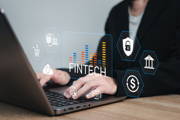 FinTech, Financial Technology and Digital banking concept, Businesswoman use laptops and transaction Technology fintech trade exchange, Profit statistics market analysis, Online banking, Security