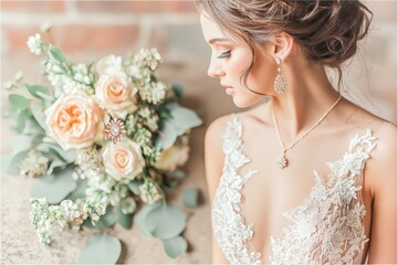 Elegant bridal jewelry complements the lace of the wedding dress, showcasing the beauty of love\'s details and floral arrangements