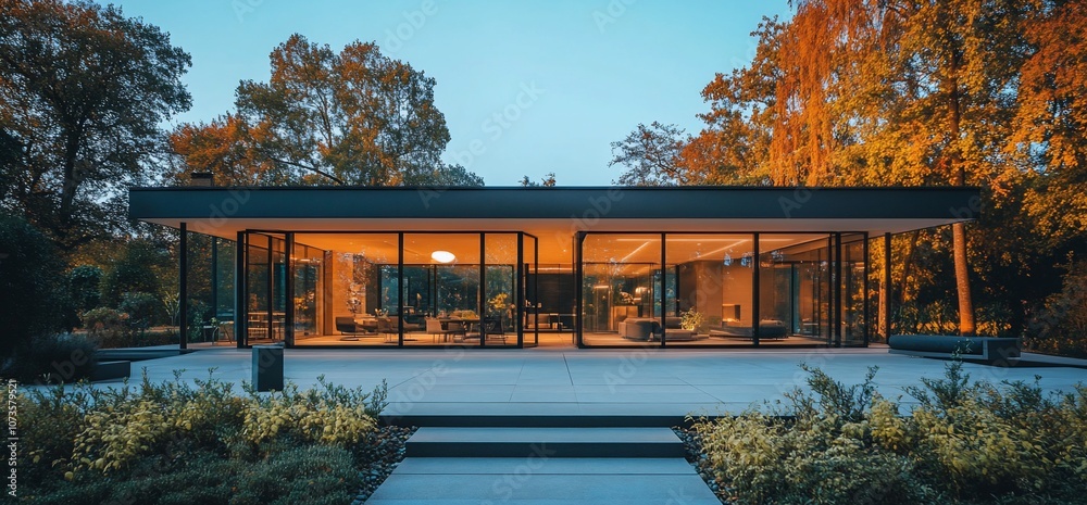 Aufkleber modern home with large glass windows and a patio in front of it.