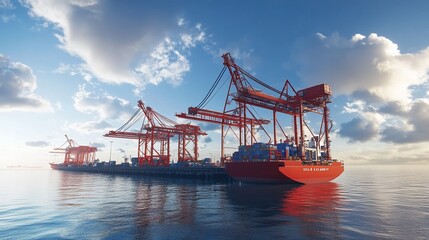 Naklejka premium Container ship docked at a port with several cranes loading cargo.
