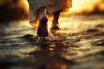 A serene depiction of the calming waters where Jesus walked, with soft, golden light illuminating his graceful steps