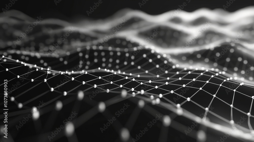 Poster Abstract tech digital black background with network lines and dots connecting in dynamic pattern. Modern cyber technology, data networks, ai, futuristic design