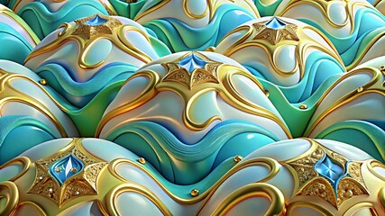 3D colorful Jewelry art forms with golden patterns background texture