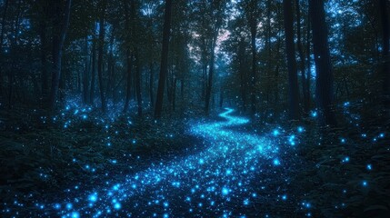A glowing forest with bioluminescent trees and neon pathways under a star-filled digital sky The plants emit a mystical glow illuminating the forest with soft hues A captivating and peaceful  © Junior