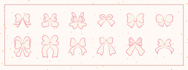 Set of hand drawn minimalist lace ribbons and bow knots. Vintage coquette Lolita style, ink doodle.  Perfect for poster, greeting cards, wedding invitations, branding, logo, tattoo.