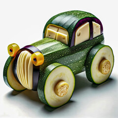 Homemade food art - A food art car with a zucchini body, eggplant wheels, cheese windows, and bell pepper headlights, playfully assembled and displayed.