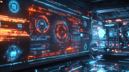 Obraz premium Futuristic digital interface with glowing elements and data displays.