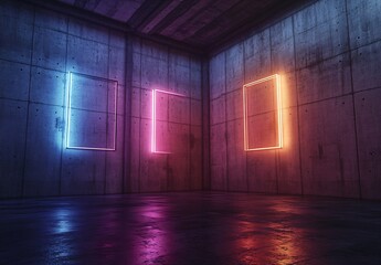Neon Lights in Concrete Room - 3D Render