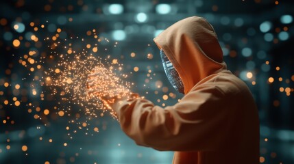 A person in a hood with glowing light particles extending from their hand, creating an enchanting futuristic scene symbolizing advanced technology and power.