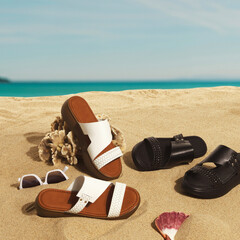 Black and white women's slippers, sandals on the sand, summer concept. Still life photography, sea and sky in the background