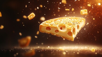 Floating cheese slice with dynamic particles in motion