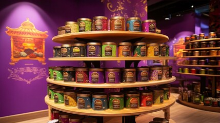 Colorful Jars of Spices on Wooden Shelves in a Purple Store