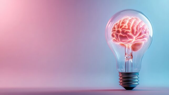 A striking visual of a brain lighting up within a bulb, representing imaginative thinking and intelligence, set against a striking pink and blue background for contrast.