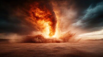 A vast fiery storm swirls with intense energy in the desert wilderness, captured amidst a backdrop of swirling dark clouds. The image conveys a sense of awe and raw power.