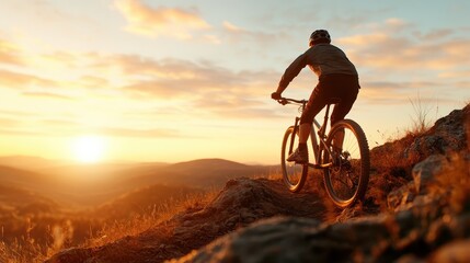 Fototapeta premium A stunning portrayal of a mountain biker descending a rocky path against the setting sun, capturing the essence of adventure and the spirit of exploration.