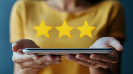 Smiling Customer Giving Positive Feedback on Digital Tablet,Representing Satisfaction and Service