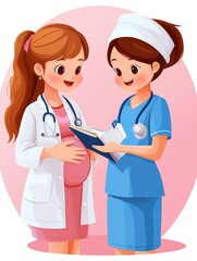 Obraz premium Happy Expectant Mother Consults Friendly Nurse in Colorful Cartoon Style for Maternity Care and Joyful Anticipation of New Baby Arrival in Warm Environment