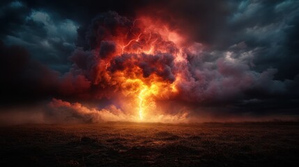 A dramatic lightning storm creates an explosive scene as electricity dances through vibrant red clouds, showcasing the raw energy and power of the atmosphere.