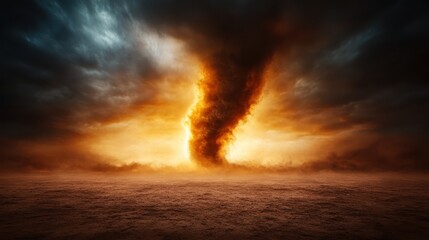 Obraz premium A swirling fiery tornado towers against a backdrop of dramatic, convoluted storm clouds. Majestic and intimidating, the scene is a powerful study of nature's raw elemental forces.