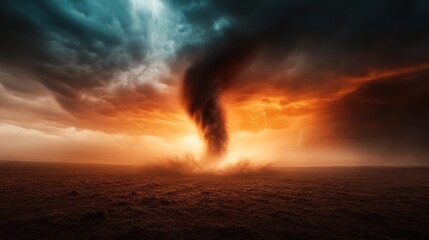Obraz premium A large dark tornado creates an impressive scene as it churns against a dramatic sky lit by a fiery sunset, showcasing the raw power of nature.