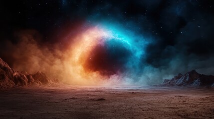 A vibrant, multicolored portal radiates light in a cosmic scene, surrounded by rocky landscapes under a shimmering starry sky, evoking vibrant mystery and imagination.