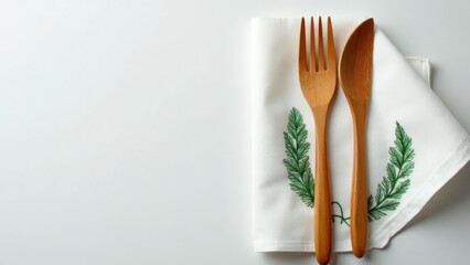 Elegant Wooden Cutlery on Embroidered Napkin with Copyspace