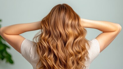 Fototapeta premium A woman is seen from the back, showcasing her lush, wavy brown hair against a soft background, emphasizing natural beauty and graceful femininity.