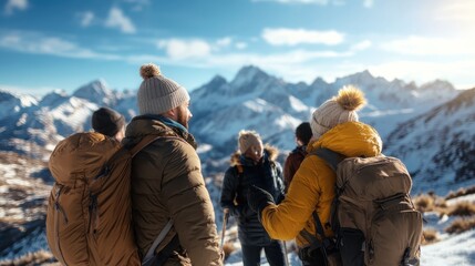 Fototapeta premium A group of warmly dressed hikers with backpacks trekking through a picturesque snowy mountain landscape, experiencing adventure and freedom in the wilderness.