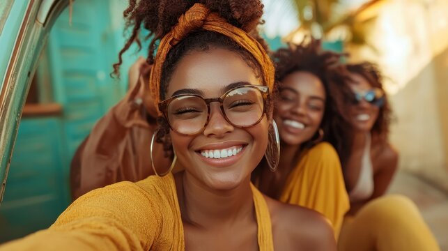 A joyful group of friends in colorful outfits, smiling at the camera amidst a sunny and cheerful outdoor setting, expressing happiness and friendship vividly.