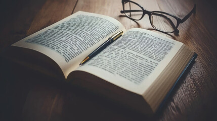 Obraz premium Open textbook on wooden desk with pen and glasses, creating studious atmosphere. Perfect for educational themes and study environments