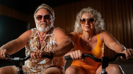Obraz premium An elderly couple energetically cycles together indoors, wearing vibrant and stylish outfits, embodying vitality and the joy of staying active in their senior years.
