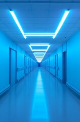Blue Hospital Hallway with Fluorescent Lights