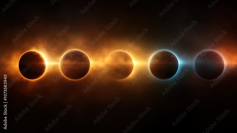 Wall mural various stages of a solar eclipse presented in a linear sequence with vibrant glowing colors, symbol