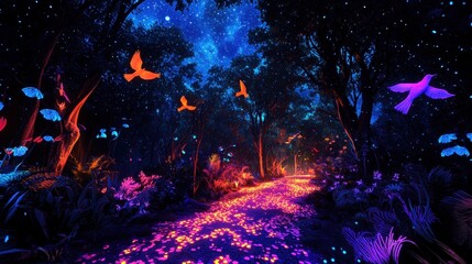 A sprawling neon jungle with glowing vines and bioluminescent trees under a starry digital sky Digital birds soar above casting colorful shadows on the forest floor A lush magical jungle scene 