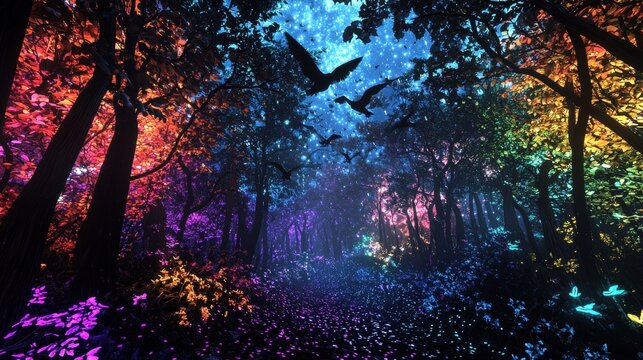 A sprawling neon jungle with glowing vines and bioluminescent trees under a starry digital sky Digital birds soar above casting colorful shadows on the forest floor A lush magical jungle scene - Powered by Adobe