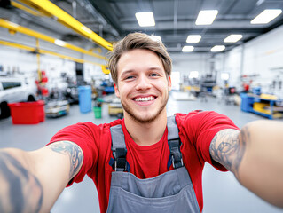 A man with tattoos on his arm is smiling and taking a selfie