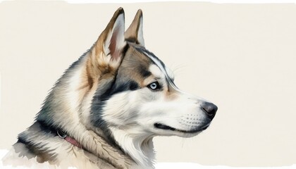 Obraz premium A serene watercolor sketch of a husky dog showcasing its striking blue eyes, featuring ample copyspace for text and related content, ideal for design or creative projects
