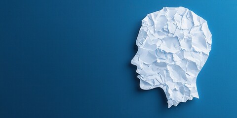 A artistic representation of a human head made from crumpled paper on blue background.