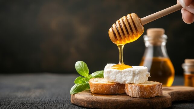 Drizzling honey over creamy cheese on rustic bread