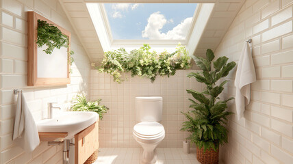 Eco-friendly bathroom design with a composting toilet, water-saving fixtures, earthy tones and sustainable materials.