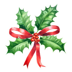 Watercolor holly bouquet on white background, with red ribbon bow, rich red berries and deep green leaves. Vintage Christmas wreath. Perfect for holiday cards, xmas decor and seasonal artwork