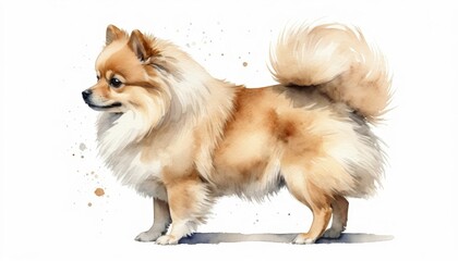 Obraz premium A charming watercolor sketch of a fluffy dog standing gracefully against a minimalist background, showcasing vibrant colors and playful textures during a quiet afternoon