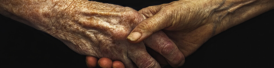 Portrait of two wrinkled hands clasped together, revealing age spots and liver spots.